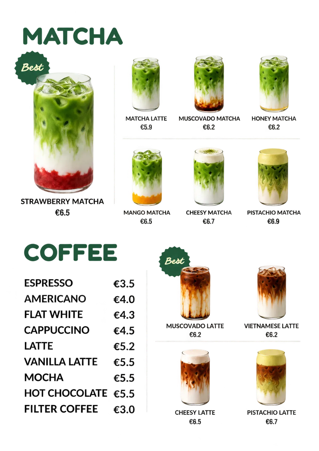 Coftea menu – Matcha: Strawberry Matcha, Matcha Latte, Muscovado Matcha, Honey Matcha, Mango Matcha, Cheesy Matcha, Pistachio Matcha. Coffee: Espresso, Americano, Flat White, Cappuccino, Latte, Vanilla Latte, Mocha, Hot Chocolate, Filter Coffee, Muscovado Latte, Vietnamese Latte, Cheesy Latte, Pistachio Latte.